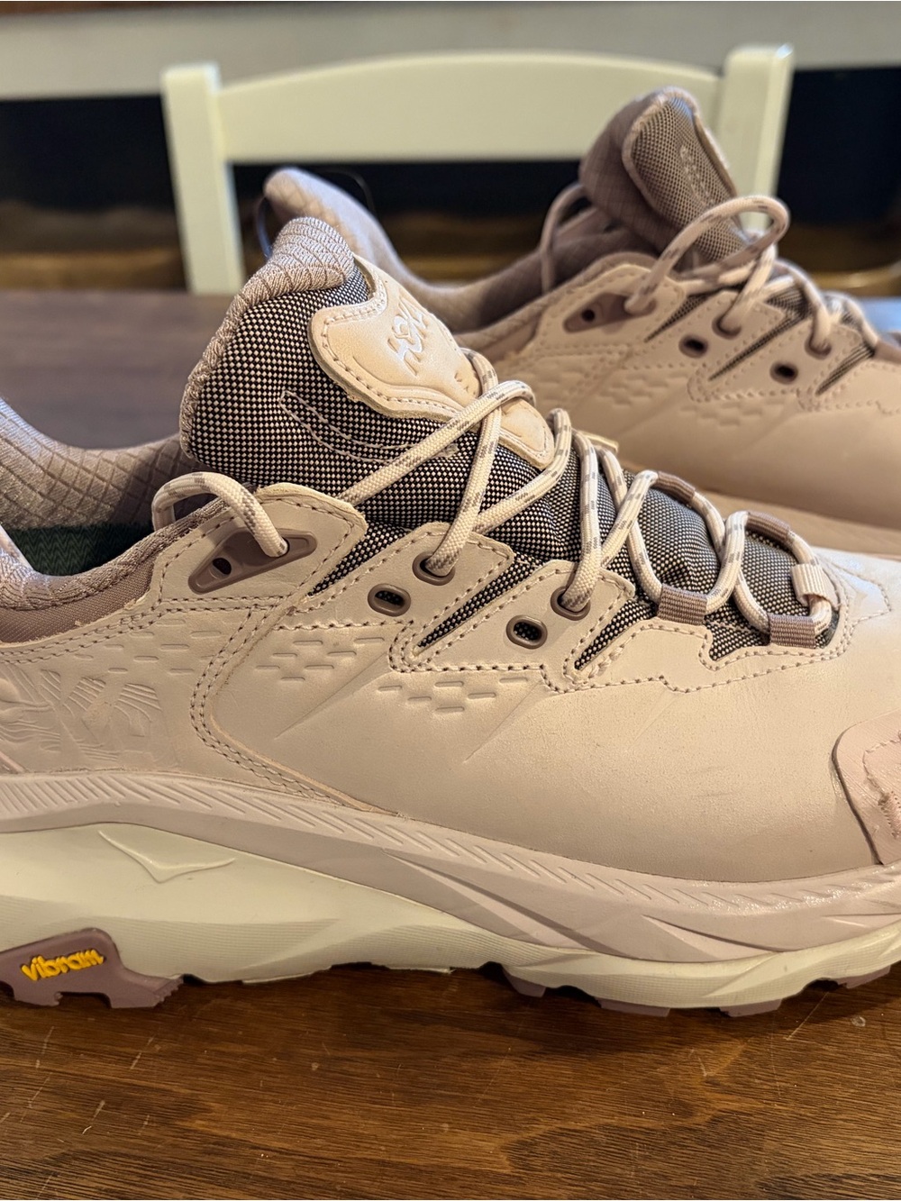 Hoka Women's Trail hikers in Blush Pink and Taupe